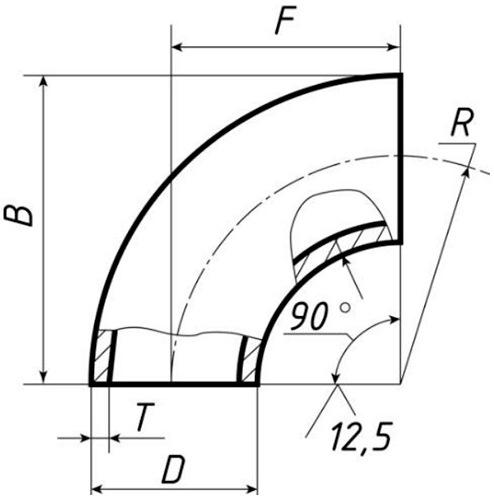 Отвод бесшовный крутоизогнутый 90° Св-Св-Ст20 2 1/2″ Ду65 Ру80 ГОСТ 17375-2001 исполнение 2, наружный диаметр - 76мм, толщина стенки - 3.5мм, корпус - сталь 20, присоединение - под приварку